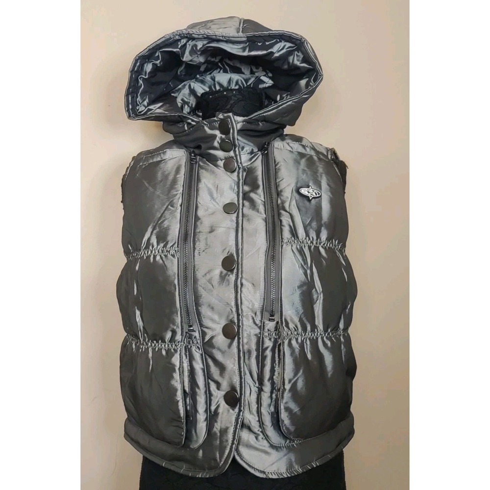 Basic Pleasure Mode Women Silver Metallic Snap Zip Puffer Vest Jacket Size 8